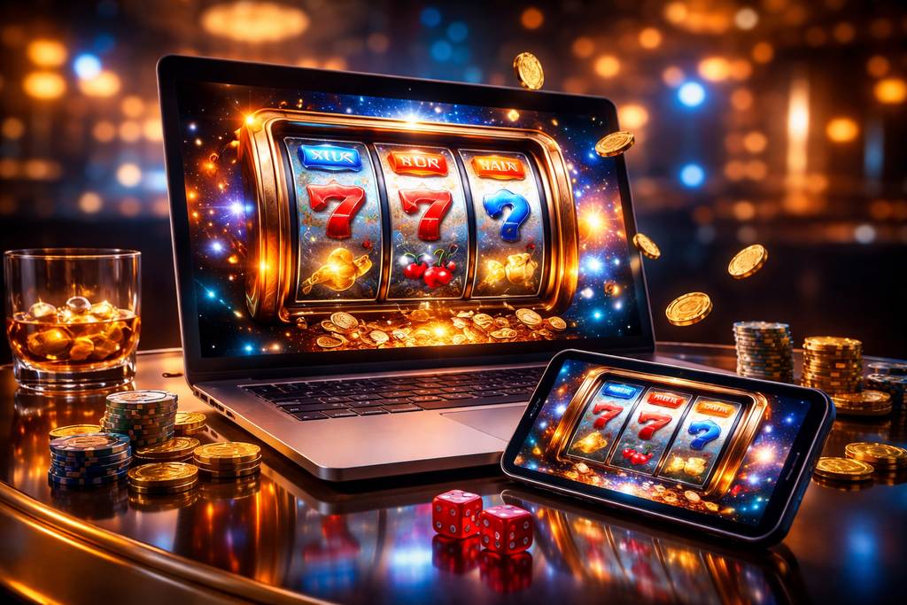 Premium online slots hero scene with glowing reels, jackpot atmosphere, and smooth cross-device gameplay.